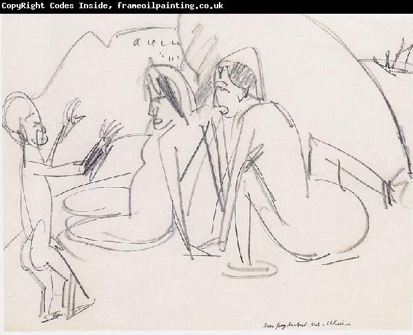 Ernst Ludwig Kirchner Zwei Frauen und Skulptur am Strand